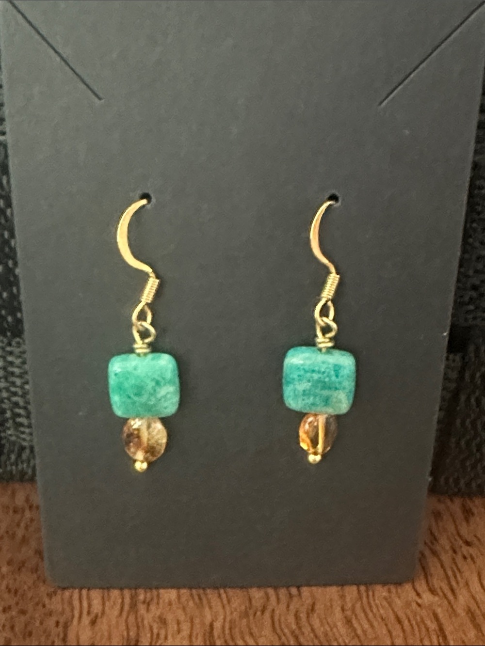 Gold-Tone Earrings with Turquoise Green Stone and Amber Bead